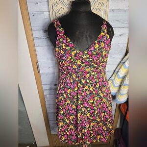 Y2K Wet Seal Black Floral V-Neck Sleeveless Mini Dress with Pink Yellow Blooms